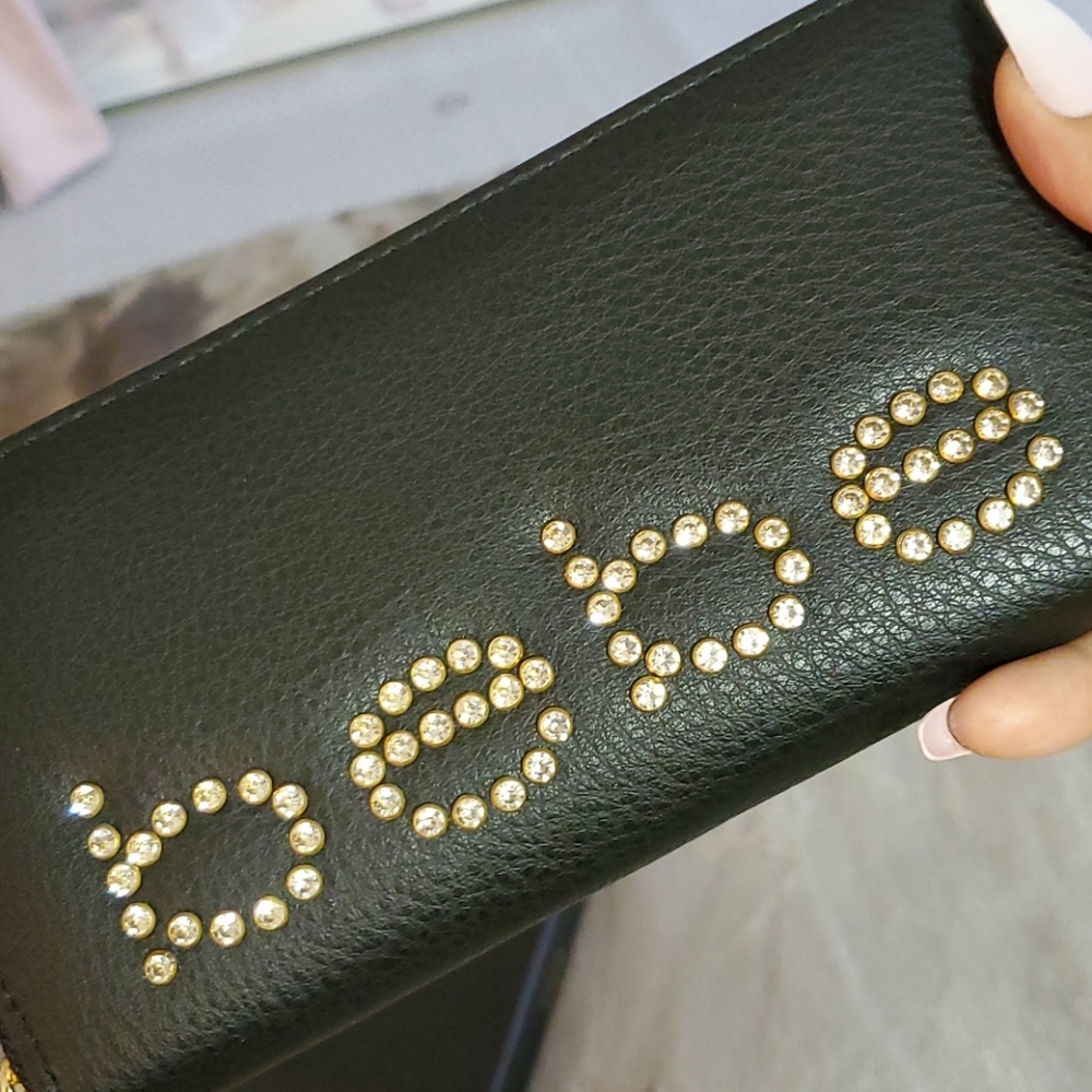 bebe Rhinestone Logo Zip Around Wallet - Black - Picture 2 of 13